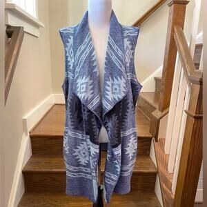 Orvis Wool/Linen Blue Aztec Long Open Front Sweater Cardigan Size Large NWT